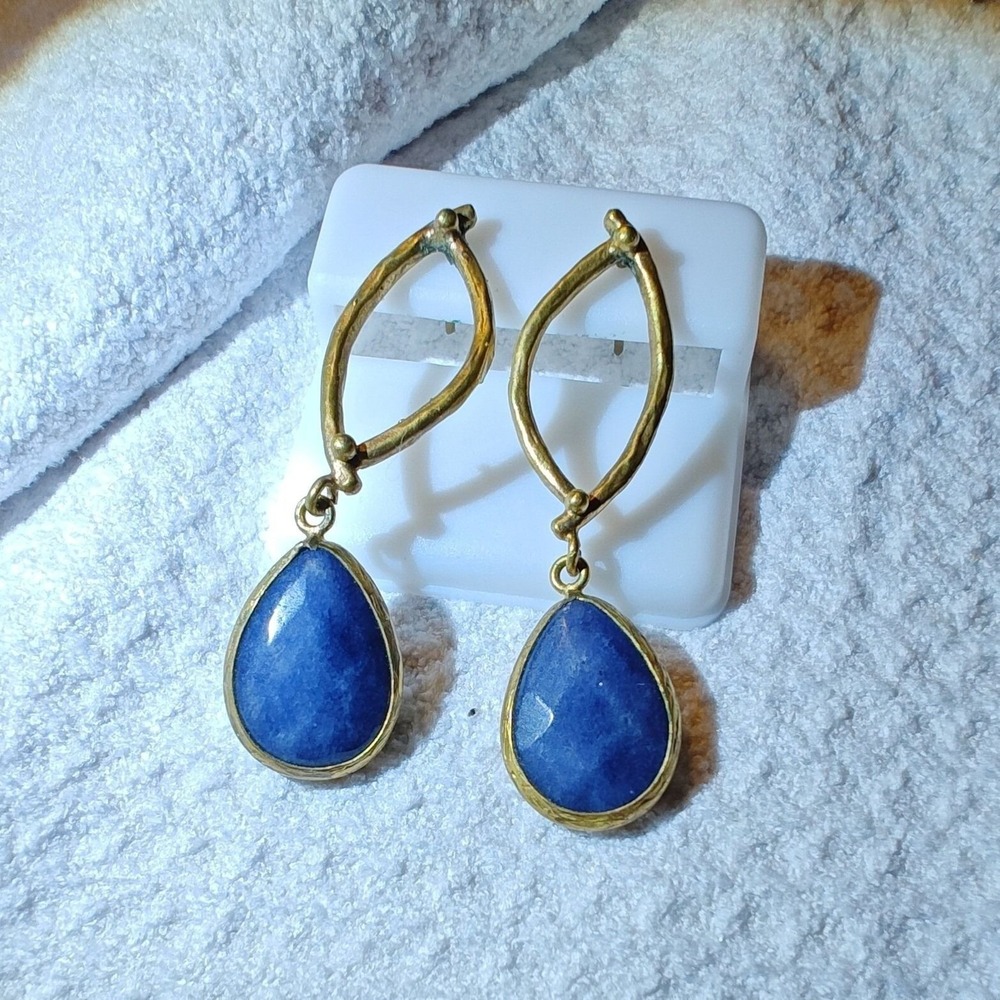 Drop Earrings Blue Lapis Lazuli Brass Teardrop Dangle Boho